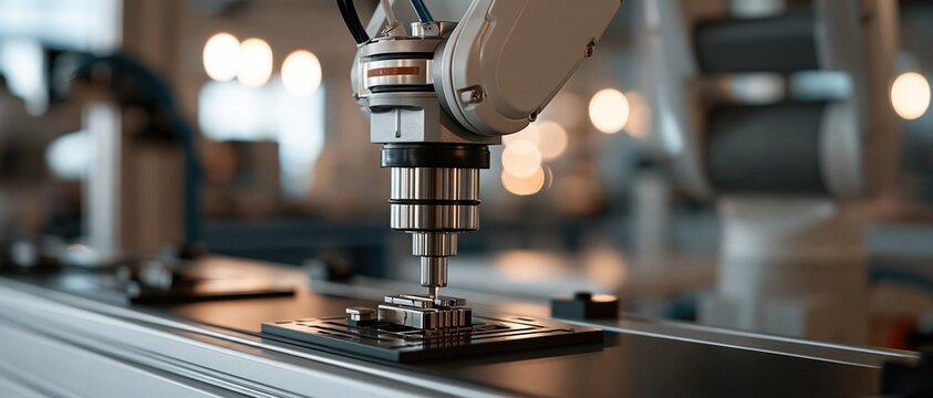 Future forward automation in action a robotic arm performs high precision component assembly on an industrial line, ideal for AI, manufacturing, and Industry 4.0 campaigns.