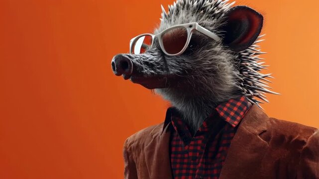 Anthropomorphic Hedgehog Character Wearing Glasses and Plaid Shirt