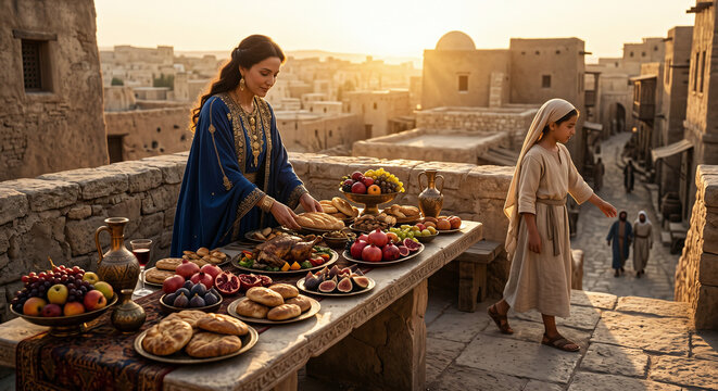 Wisdom&rsquo;s Banquet in Proverbs 9, Preparing the Feast and Calling Guests, Dramatic Old Testament Bible Scene Depicting Wisdom, Invitation, Fellowship