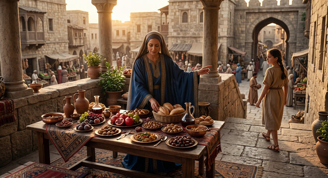 Wisdom&rsquo;s Banquet in Proverbs 9, Preparing the Feast and Calling Guests, Dramatic Old Testament Bible Scene Depicting Wisdom, Invitation, Fellowship