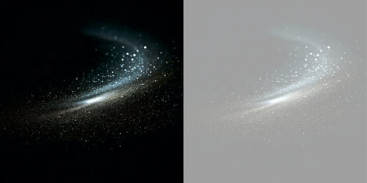 Glowing stardust arc with bokeh and sparkling light trail effect. Magic cosmic particle wave overlay on transparent and black background