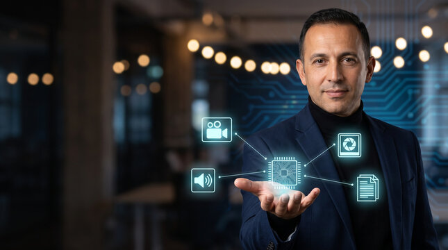 Businessman showcasing digital media icons in modern office setting  
