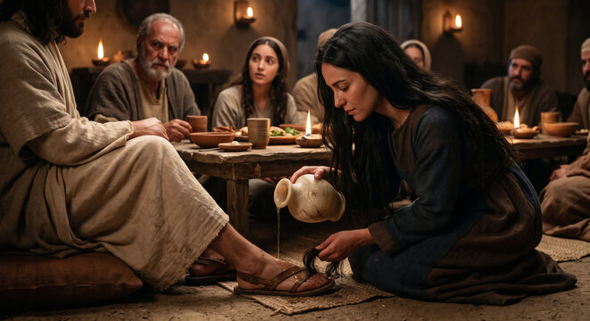 Mary Anointing Jesus&rsquo; Feet with Perfume at Bethany, Emotional New Testament Bible Scene Depicting Worship, Devotion, Humility
