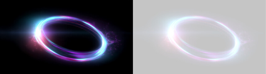 Glowing neon circle light effect with cyan and purple trails. Futuristic energy ring portal isolated on black and transparent background © Антон Миргородський