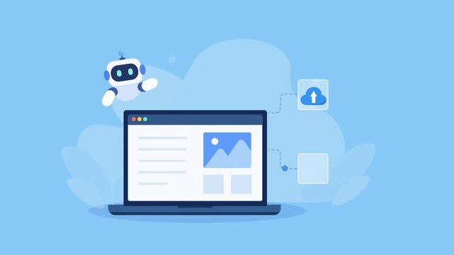 Flat vector animation showing AI cloud file management on a laptop with a robot, image, upload, and folder icons on a soft blue background.