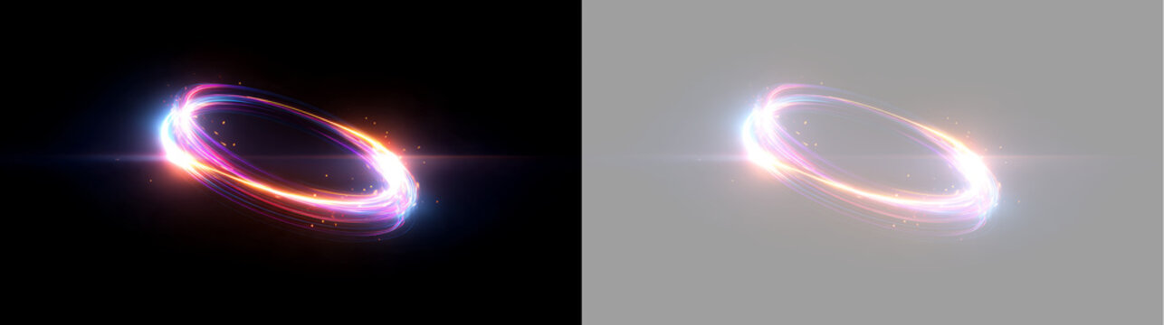 Angled glowing neon light ring with sparks. Futuristic dynamic light trail swirl and lens flare on transparent background