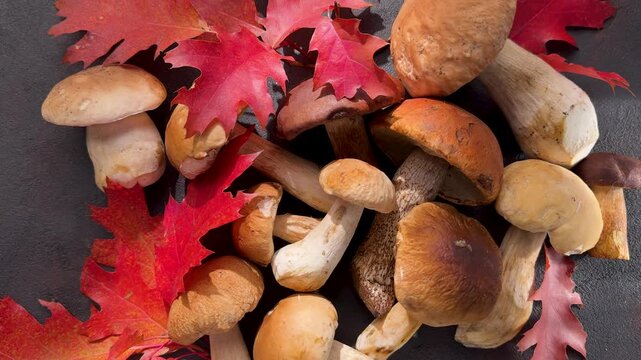 Autumnal still life with porcini mushrooms and red oak leaves