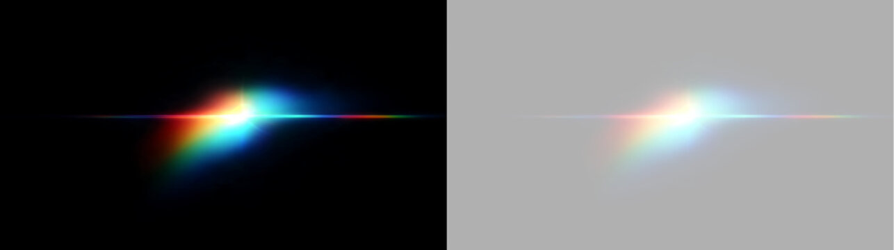 Anamorphic optical lens flare with rainbow light spectrum. Horizontal light leak overlay isolated on black and transparent background