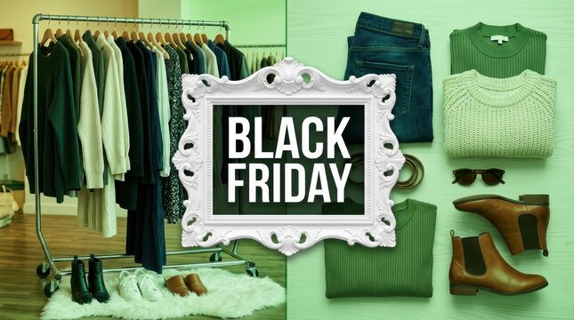 Black Friday Promotional Graphic Featuring Stylish Clothing Rack and Flat Lay Fashion Accessories