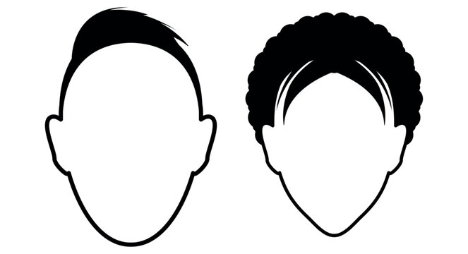 Haircut silhouette icons. Two head profiles featuring short straight hair and curly hairstyle. Hair design, hairstyle reference and black vector illustration.
