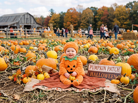 Cute baby in pumpkin costume sitting outdoors in pumpkin patch for Halloween