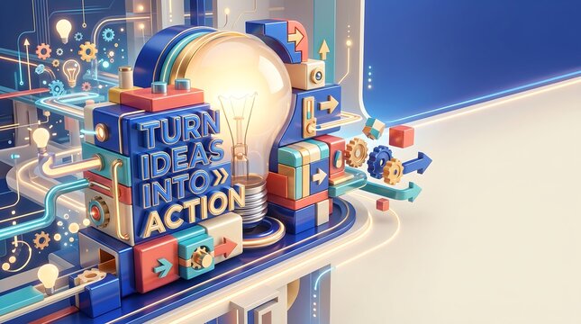 Conceptual illustration of a lightbulb with colorful blocks and gears turning ideas into action in a digital environment