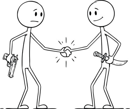 Deceptive handshake with hidden weapons symbolizing untrustworthy business deals and betrayal during negotiations