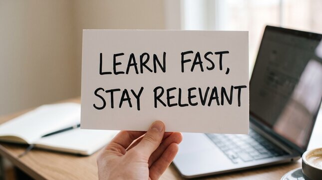 Learn fast and stay relevant sign concept photo. Hand holding white paper card with handwritten black text. Laptop computer and notebook on a wooden desk in office background setting