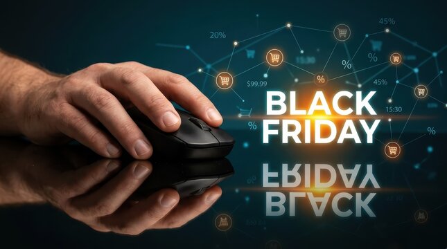 Black Friday Online Shopping Concept with Hand Using Computer Mouse and Digital Marketing Icons on Dark Background