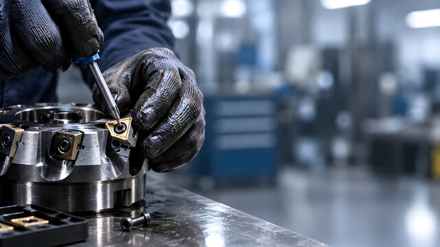 Machinist using torx driver to replace carbide insert on face milling cutter.