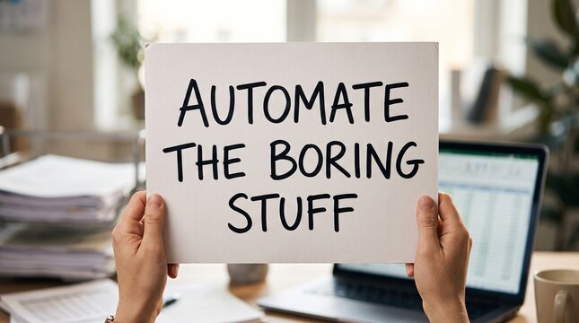 Automate the boring stuff sign. Hand of an office worker holding a white paper card with handwritten black text. Laptop computer and stacks of paper documents on a desk in the background