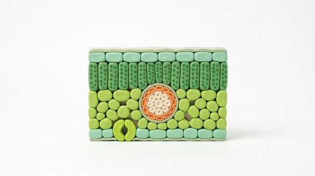 Plant Leaf Cross Section 3D Block with Stomata, Palisade Cells and Veins on White Background