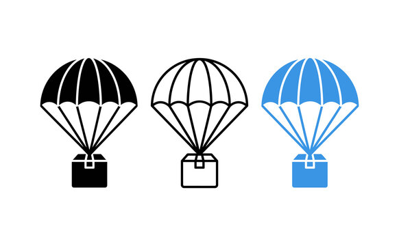 Parachute delivery box icon set. Includes solid, outline, and blue cargo symbols. Vector illustrations for shipping service, logistics, and air freight transport.