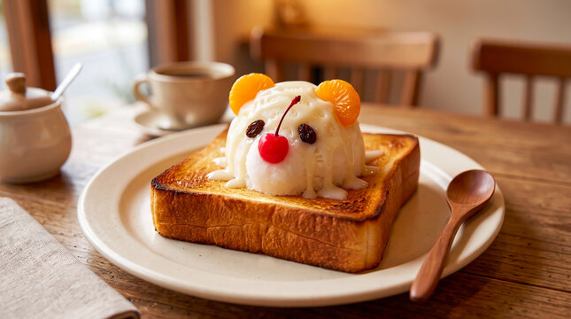 Cute Shirokuma polar bear shaved ice dessert on toasted Shokupan milk bread in a cozy Japanese cafe.