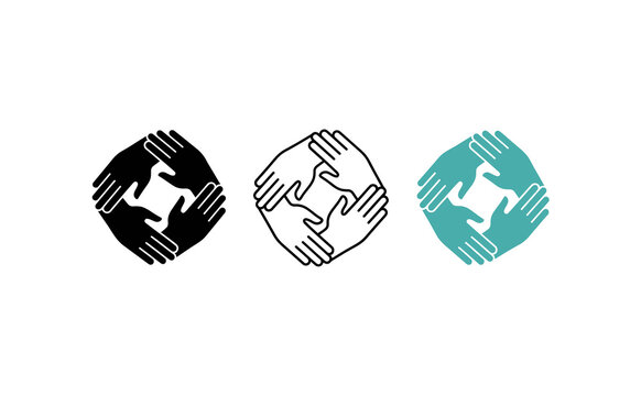 Teamwork hands logo set, unity and cooperation icon collection, community support and partnership symbols on white background
