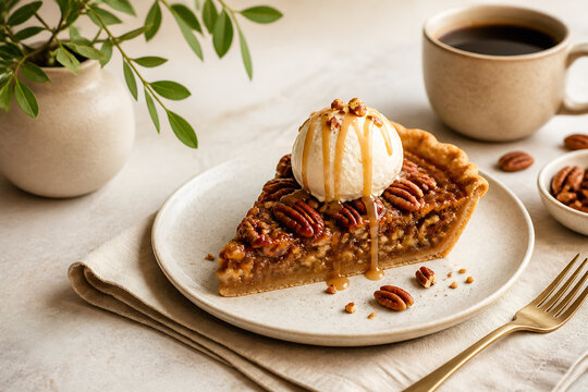 A slice of pecan pie topped with vanilla ice cream rests on a plate, set on a light-colored surface near a mug and some greenery.