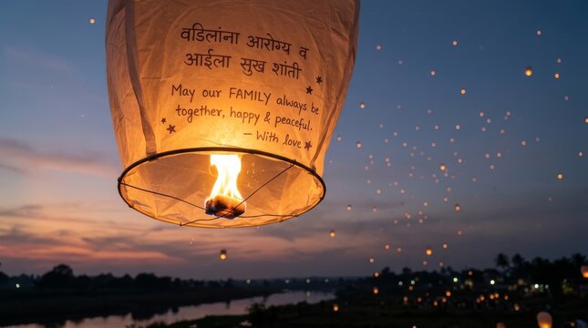 Glowing lantern floating at dusk with heartfelt message