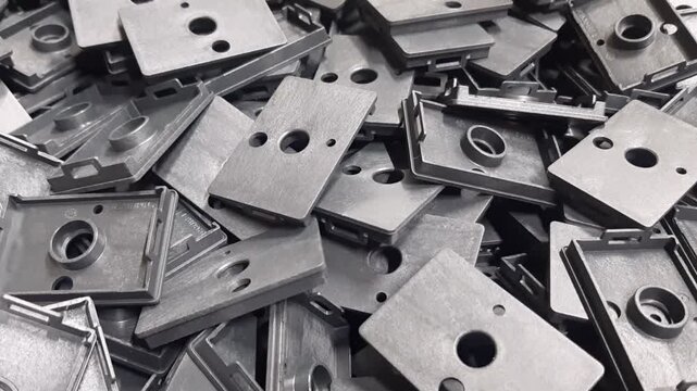 Smooth camera movement over industrial plastic parts texture. Abstract background of manufactured polymer components, mass production, injection molding elements and technical industry concept.