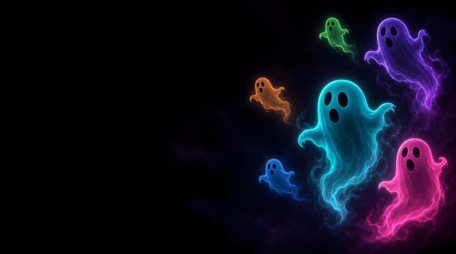 Multiple Colorful Glowing Ghost Characters with Open Mouth Expressions Isolated on Solid Black Background