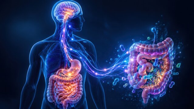Anatomical visualization of enteric nervous system pathways connecting digestive tract with human brain model.