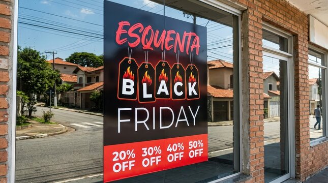 Black Friday Sale Poster on Shop Window with Discounts and Brazilian Portuguese Text Esquenta Black Friday