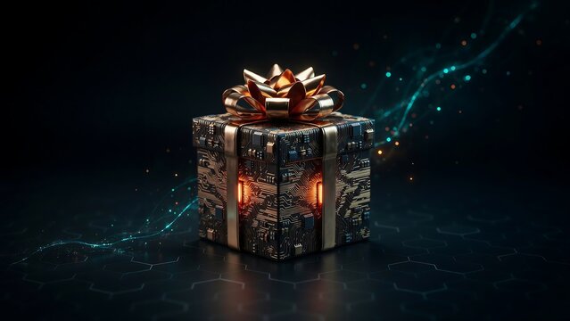 Gift box wrapped with a metallic bow featuring a circuit board pattern on the surface and glowing orange light emanating from within against a dark background with digital particles