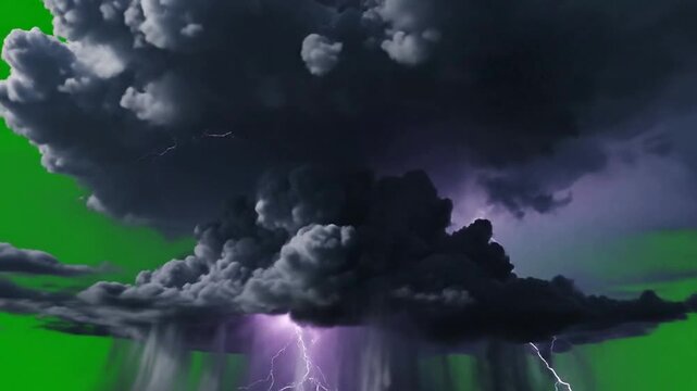 Supercell thunderstorm with lightning strikes on green screen, dramatic storm cloud animation for vfx compositing