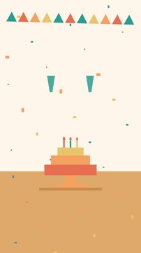 Vertical 9:16 seamless looping vector animation of a multi-layer birthday celebration cake with dancing candles, toasting glasses, falling confetti, and a festive garland banner. 