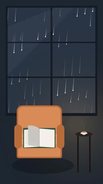Vertical 9:16 seamless looping animation of a cozy rainy day reading nook. Features geometric rain streaks sliding down a large grid window, soft ambient light shifts, a Scandinavian armchair