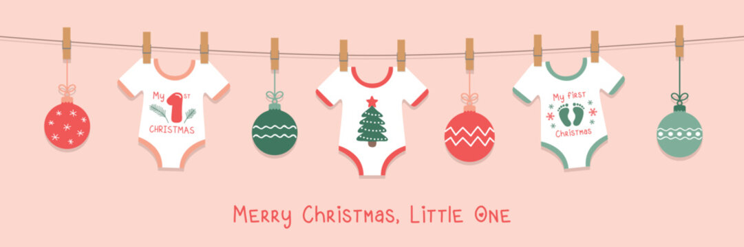 cute baby christmas greeting card with hanging bodysuits vector illustration
