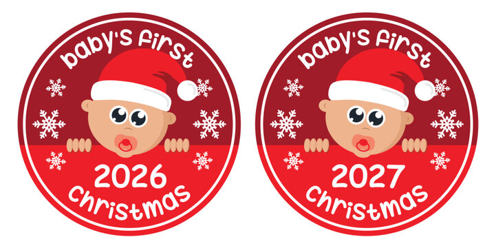 cute babys first christmas sticker with baby face vector illustration
