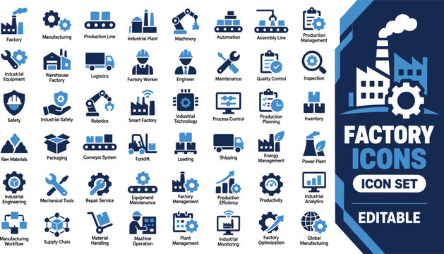 Factory and manufacturing blue icons set covering industrial production automation and supply chain management