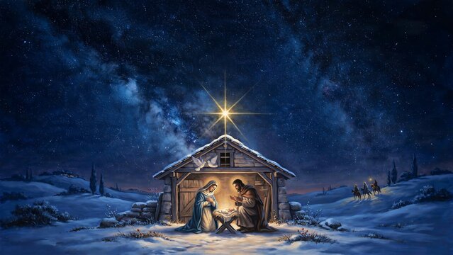 Nativity scene inside a wooden stable under a starry night sky with a bright star and milky way