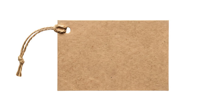 Blank brown cardboard price tag or gift label with twine string isolated on transparent background