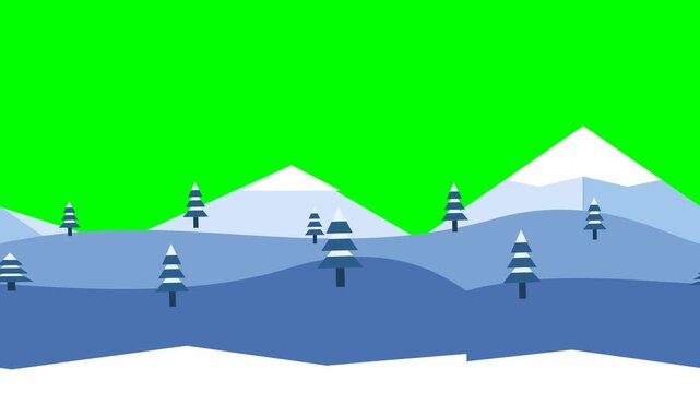 A 4K seamless looping flat vector animation of a dreamy winter landscape featuring layered snow-covered mountains, rolling hills, stylized pine trees, and a green screen background for video keying. 