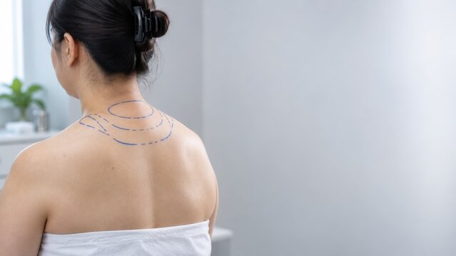 Woman with hair clip sitting showing back shoulder with acupuncture meridian points on skin in bright room