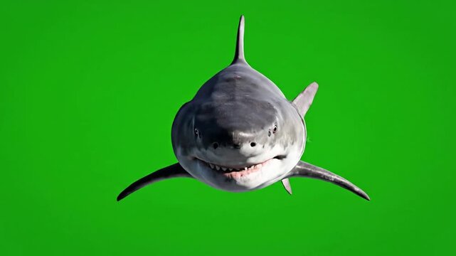 White shark swimming and attacking with open jaws on green screen chroma key predator marine life ocean