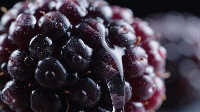 Crystal-clear droplets glisten across a ripe dark blackberry in a premium extreme macro fresh fruit scene.