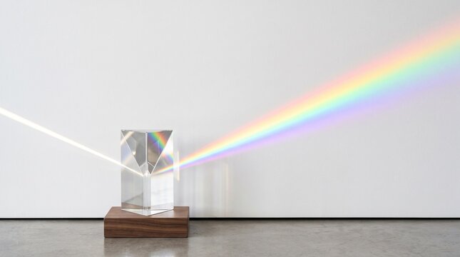Optical glass prism refracting ray of sunlight into rainbow