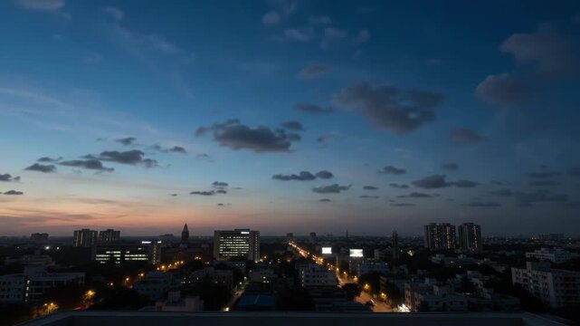 Chennai city skyline time lapse transitioning from sunset to night