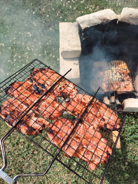 Juicy meat steaks grilling on wire grate over open brick fire pit for outdoor summer barbecue and family picnic concept