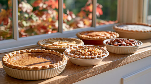 A row of freshly baked Thanksgiving pies cooling on a windowsill with autumn foliage pressing against the glass outside, including pumpkin, apple crumble, sweet potato, and pecan