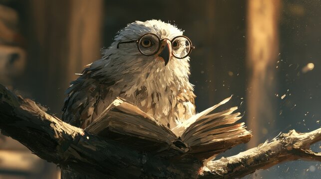 Scholarly bird illustration: eagle reader with glasses in a calm library-inspired setting