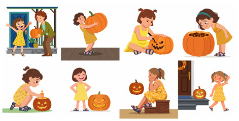 Fototapeta premium Little girl and woman preparing for Halloween with pumpkins, carving jack-o'-lanterns, and celebrating autumn holiday vector illustration set.